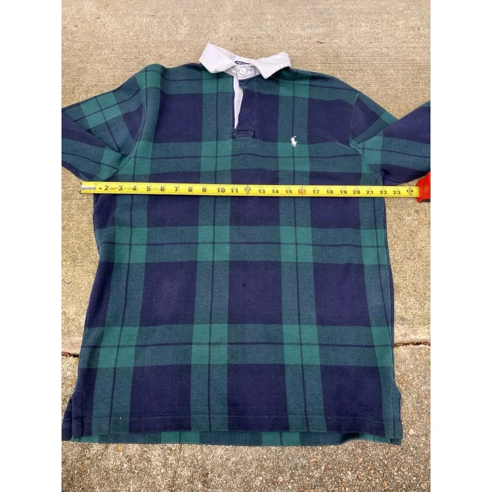 RARE Polo Ralph Lauren Black watch Plaid Rugby Shirt Soft Med Vtg Made In USA